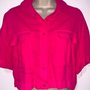 Pink Linen Short Sleeve Button Down Crop Top